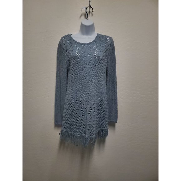 Style & Co. Sweaters - Style & Co. Womens Fringe Sheer Crochet Tunic Sweater Blue